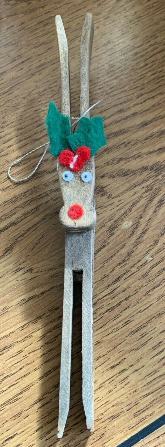 Vintage Handmade 7” Wooden Clothespin Reindeer Christmas Ornament