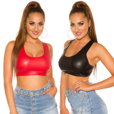 Leather Look Crop Top Scoop Neck Wet Look Sleeveless KouCla Slim Fit Black & Red
