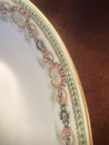 Limoges PL France M Redon Oval Bowl Leaf Band Pink Roses Gold Trim Flaw Under - Picture 3 of 10
