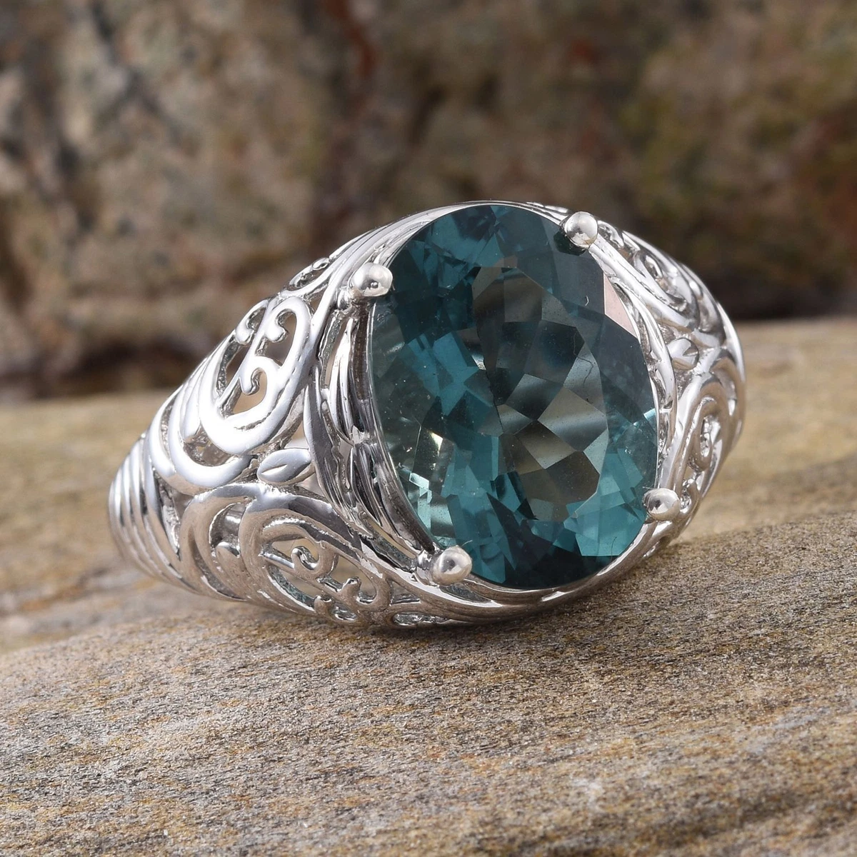 BELGIAN TEAL FLUORITE 6.90 CT SOLITAIRE RING IN PLATINUM OVER STERLING SILVER