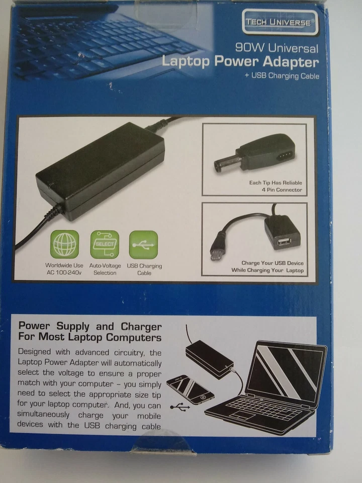 NEW Tech Universe 90W Universal Laptop AC Power Adapter w/ 9 Power Tips  - Image 2 of 4