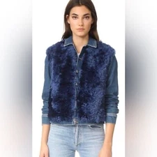 RRP US$995 L'AGENCE Carolina denim blue shearling fur jacket S