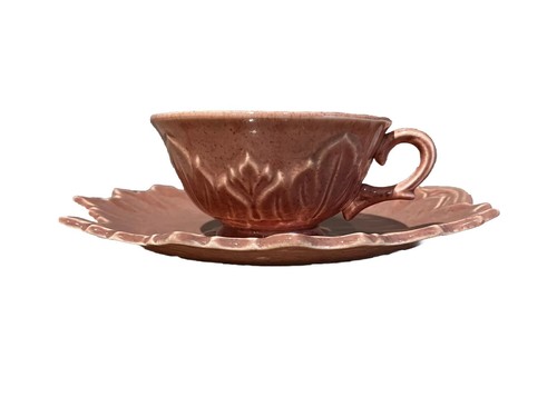 Steubenville Tea & Toast Woodfield Coral Salmon Pink Leaf Snack Set Footed Cup - Picture 2 of 12