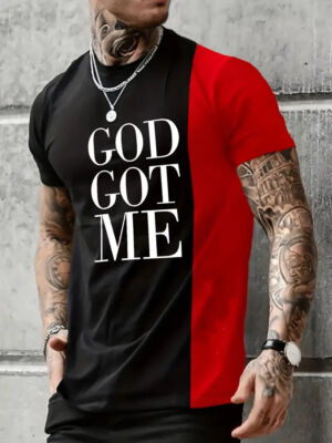 T Shirt Men GOD GOT ME Colorblock Black Red Contrast Fashion Wicking Soft Casual
