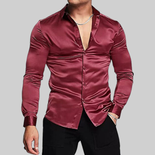 Mens Silk Satin Shirt Tops Wet Look Long Sleeve Casual Work Formal Party Shirts - Picture 27 of 30