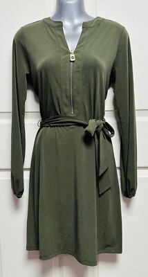 MICHAEL KORS BASICS Belted Ivy Olive Green Midi Dress NWT MSRP $120 Size XS