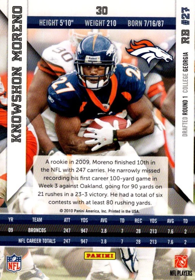 2010 Panini Epix Knowshon Moreno Denver Broncos #30 - Image 2 of 2