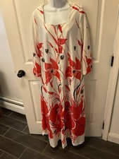 Vintage 60  s Lounge Craft L/sleeve Robe. White W/red Print Nylon 42  Chest