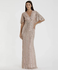 Mac Duggal Pink Sequin Beaded V-Neck Flutter Short Sleeve Long Mesh Lined Gown 4