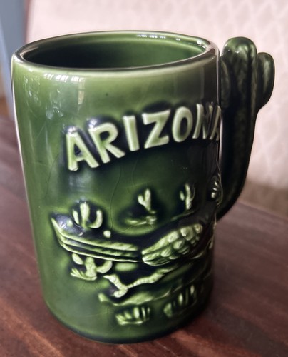 Vintage Arizona Souvenir Green Ceramic Roadrunner & Cactus Coffee Mug; NOS - Picture 2 of 6