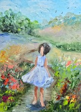 Mädchen im Blumenfeld Ölmalerei 15x20 cm Landschaft Ölgemälde auf Malkarton