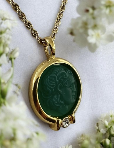 Green Carved Intaglio Greek God Cameo 1 3/4” Crystal Accent Pendant 20” Necklace - Picture 11 of 23