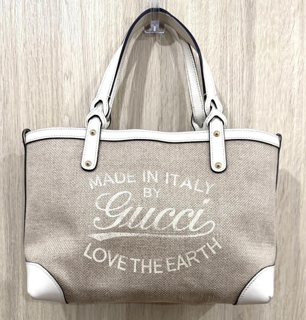 GUCCI Craft Tote Bag Beige White Canvas Leather Women Vintage Authentic
