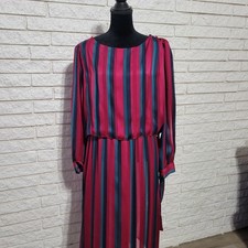 Vintage 1980s Stripped Sheer Dress Sz 18 Burg Teal Navy Blue C R
