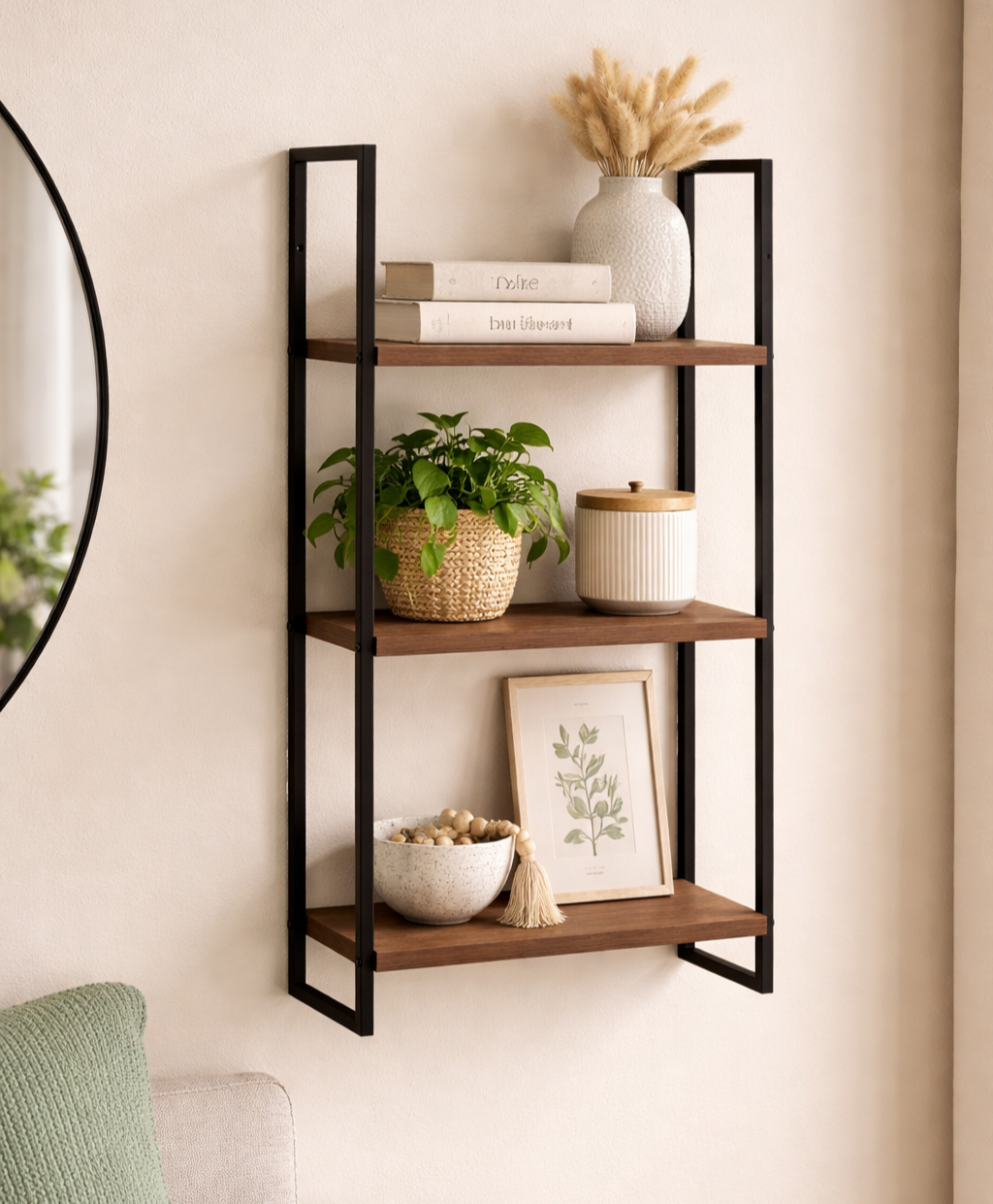Wall Shelf 3 Tier Floating Shelves Rustic Wood Storage Display Unit Mount 55cm