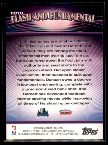 2000-01 Topps Flash and Fundamental Kevin Garnett / Tim Duncan San Antonio Spurs - Picture 2 of 2