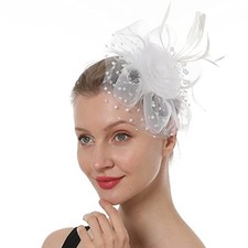 Fascinator Hat for Women, Feather Headband with Clip, Elegant One Size White-01