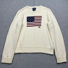 Polo Ralph Lauren Iconic Flag Sweater Womens Medium Cream American Intarsia Knit
