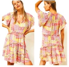 Anthropologie Robin Tiered yellow floral mini sundress short sleeves vneck Large