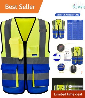 Reflective Safety Vest Hi Vis 7 Pockets Zipper Front High Visibility Yellow B...