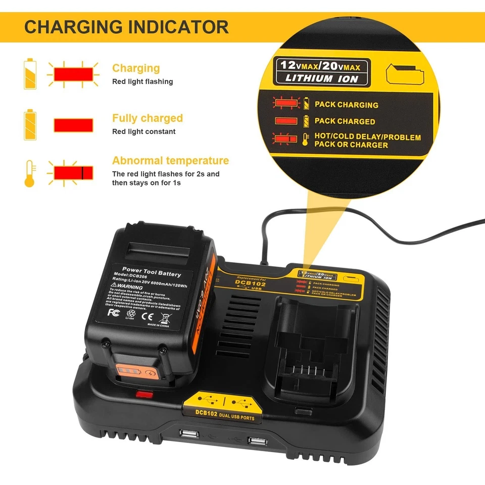 Chargeur batterie 2 ports DEWALT DCB115 12-20V 3A USB-A ASUNCELL - Photo 3/4