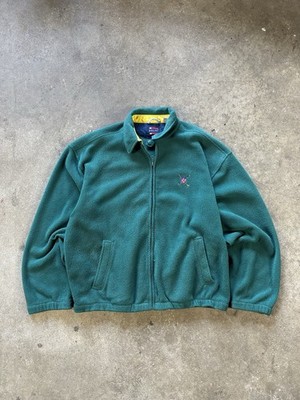 Vintage 90s Bugle Boy Polo Embroidered Fleece Crewneck Sweatshirt Zip Green Sz M
