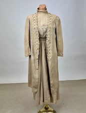 Antique Edwardian Tan Day Dress and Jacket Set Pink Green Embroidery Lace Roping