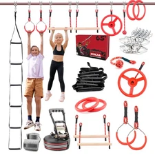 Ninja Line Kit for - Red, 65 ft Slackline & 9 Obstacles - Outdoor Playset & B...