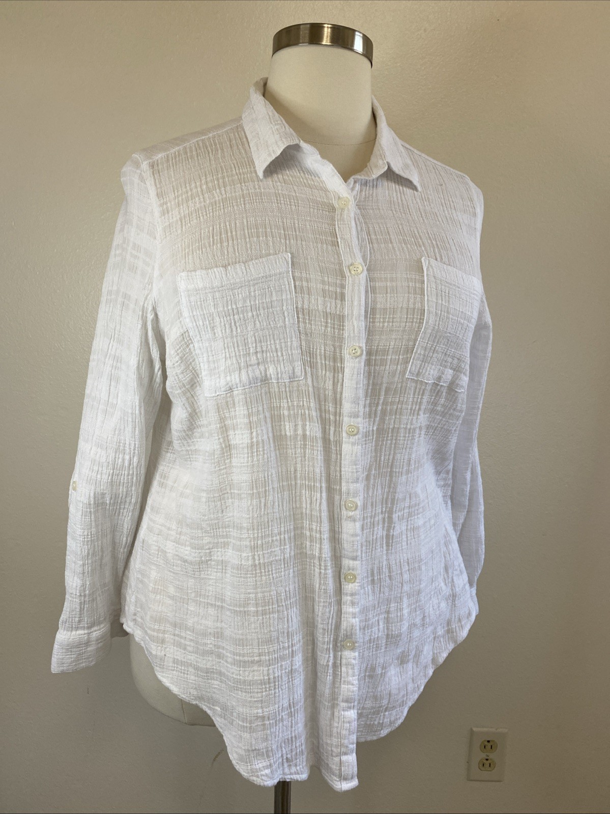 Westport Button Shirt White Roll Tab Sleeves Seersucker 100% Cotton 2X