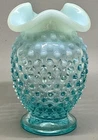Vintage~MCM~Fenton Glass Aqua Blue Opalescent Hobnail Ruffled Edge Bud Vase