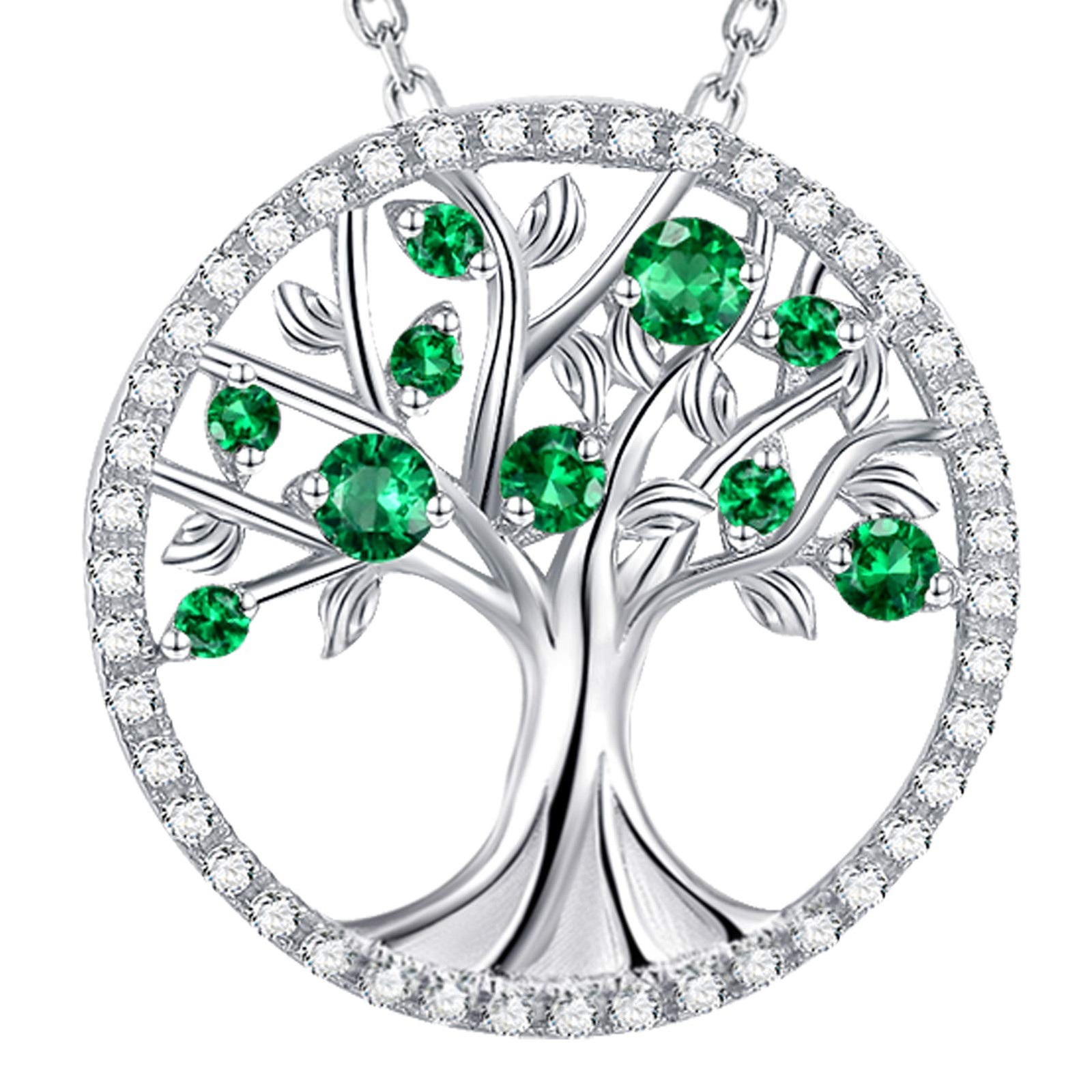 May Birthstone Jewelry Green Emerald Tree of Life Necklace Sterling Silver Gifts