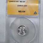 1945-S ANACS MS64 Mercury Dime Uncirculated Silver US Coin 10c