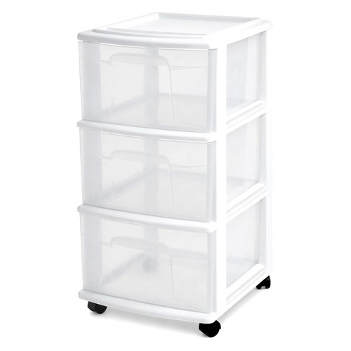 Homz Plastic 3 Drawer Medium Storage Container Tower, Clear Drawers/White Frame