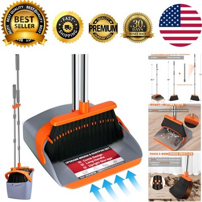 Upgraded Broom and Dustpan Set, 52'' Long Handle Standing Combo with Self-Clea...