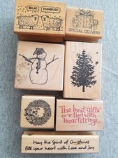 Christmas Lot of 7 Assorted Wood Mounted Rubber Stamps Snowman Wreath Tree