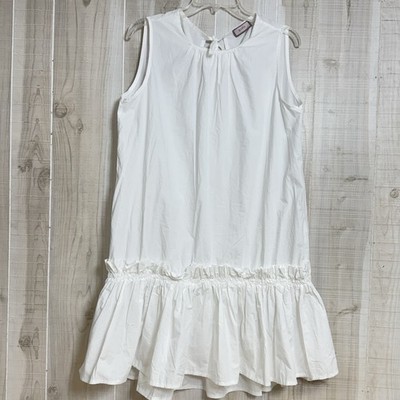 Italian Minimalist White Cotton Tunic Dress Drop Waist Ruffle Hem Lagenlook L