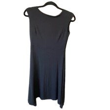 ANN TAYLOR SHIFT SHEATH PLAIN BLACK DRESS XS PETITE MIDI High LOW UNEVEN HEM