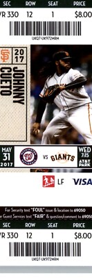 Washington Nationals vs San Francisco Giants 5/31/2017  Ticket - Johnny Cueto ,.