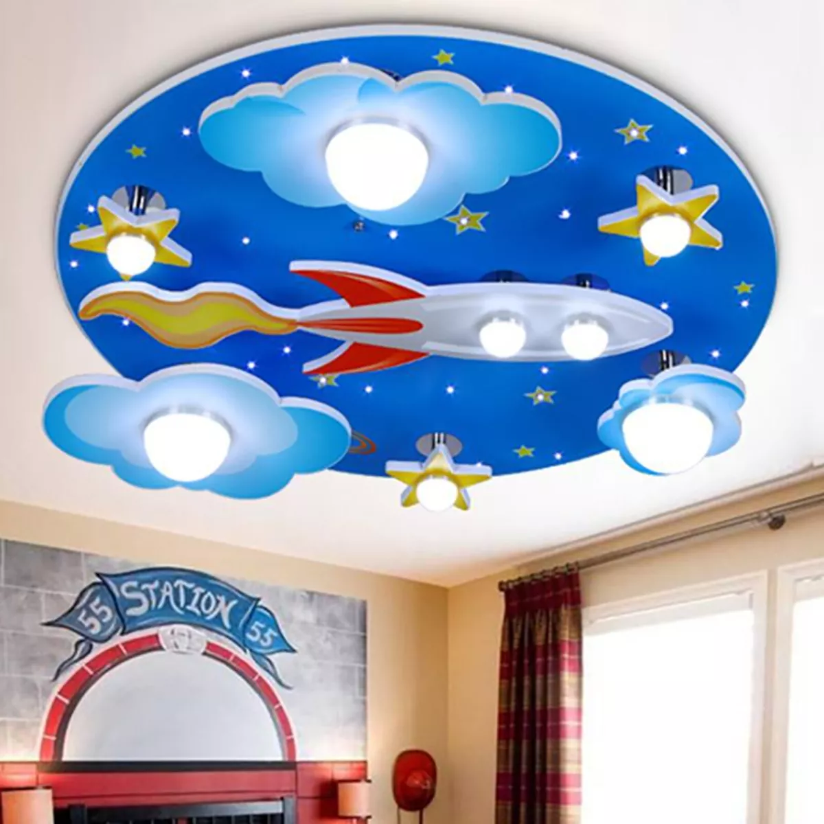 LED Ceiling Light Modern Wood Star Rocket Kids Room Lamp Bedroom Light  Fixture