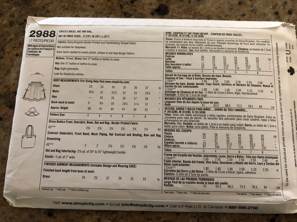 🌺 DAISY KINGDOM - SIMPLICITY #2988-GIRLS SUMMER DRESS-TOTE & HAT PATTERN 3-8 FF - Image 2 of 2