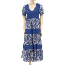 Odd Molly Anthropologie Smocked Printed Maxi Dress Ruffle Resort Blue XS 255865