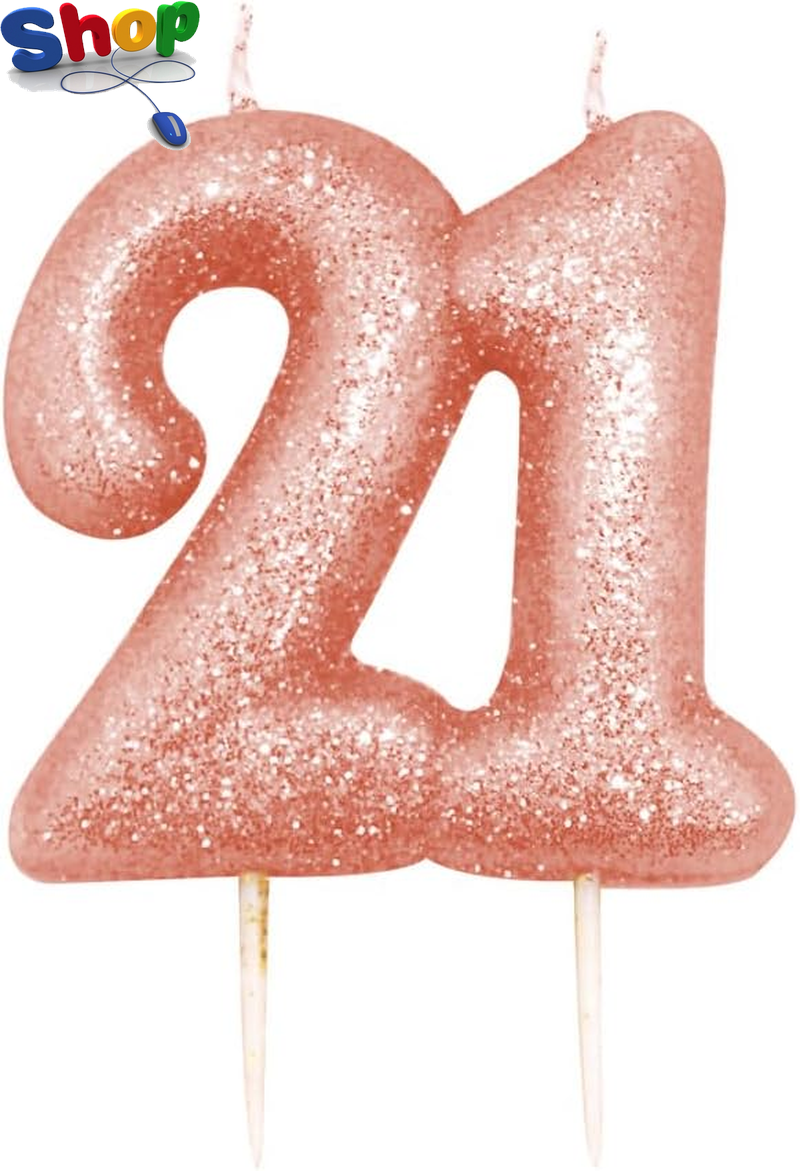 Metallic Rose Gold Glitter Birthday Candle, Number 21, 21St Birthday Cake Topper