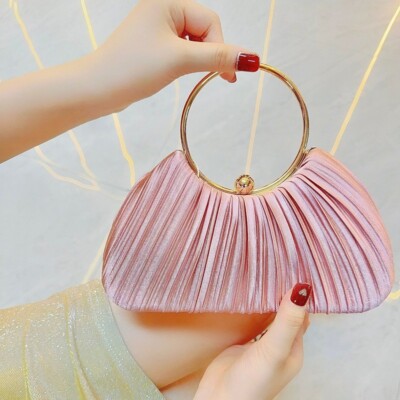 Pink Pleated Satin Lady Evening Party Clutch Bag Wedding Prom