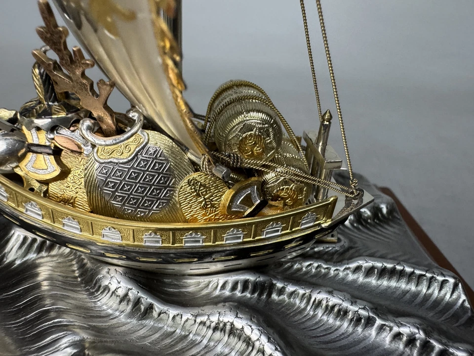 Y9006 OKIMONO Silver Treasure Ship caja de cristal Japón figura interior antigua Foto 3 de 4