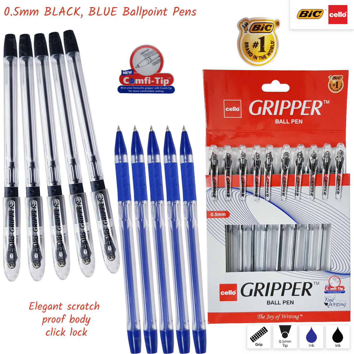 BIC CELLO Gripper BLACK BLUE RED GREEN Rubber Grip Smooth Ballpoint  Pens