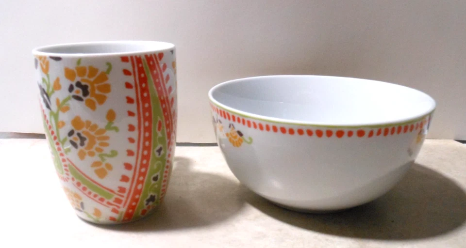 Juego de 7 cuencos de cachemira Rachel Ray sopa de cereales naranja amarillo floral y 8 tazas Foto 3 de 4