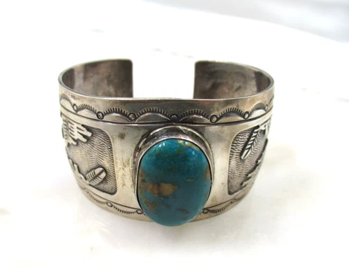 Vintage Navajo 925 Sterling Silver Turquoise Cuff Bracelet CB 6.5"