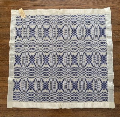 Vintage Textile Mary Ann Ostrander Pattern Small Table Blue and White Coverlet
