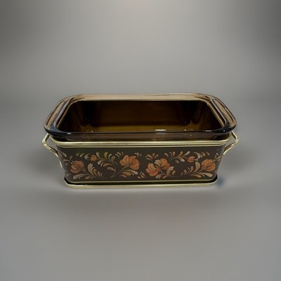 Vintage Pyrex #213 Bread Baking Dish w/Corning Hand Painted Metal Holder