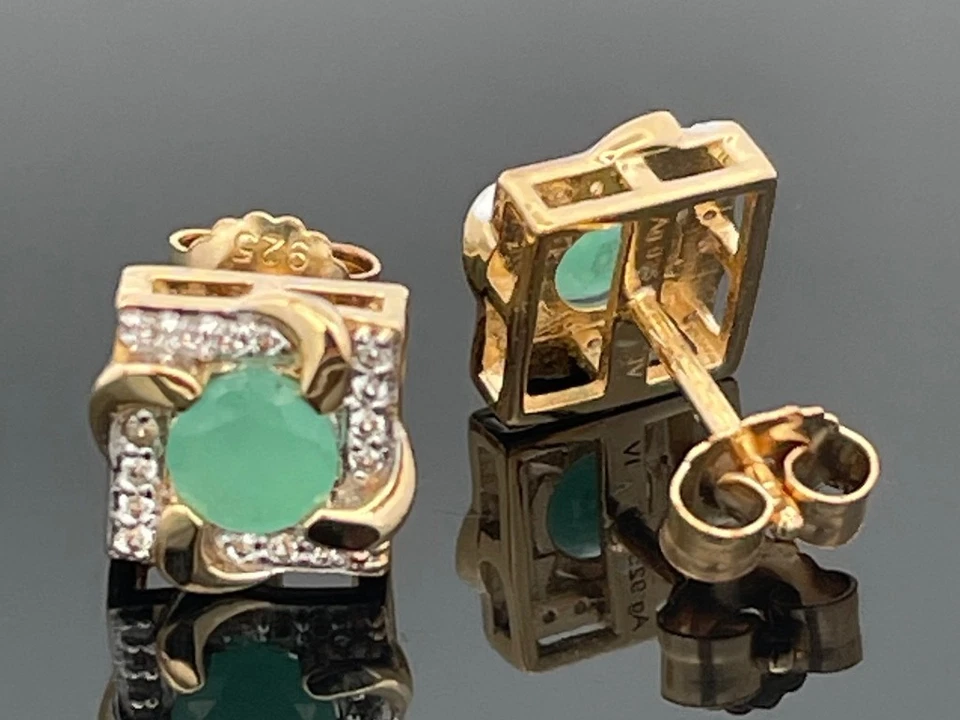 OHRSTECKER AUS 925/- SILBER GELBVERGOLDET MIT SMARAGD & ZIRKON SCHMUCKJAGD - Bild 3 von 3